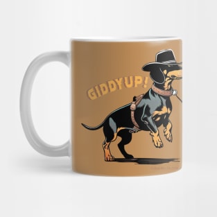 GIDDYUP! Black Tan Dachshund wearing cowboy hat & saddle Mug